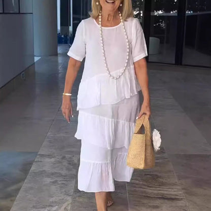 💐😍Plisserad Tiered Rund hals Solid klänning för kvinnor