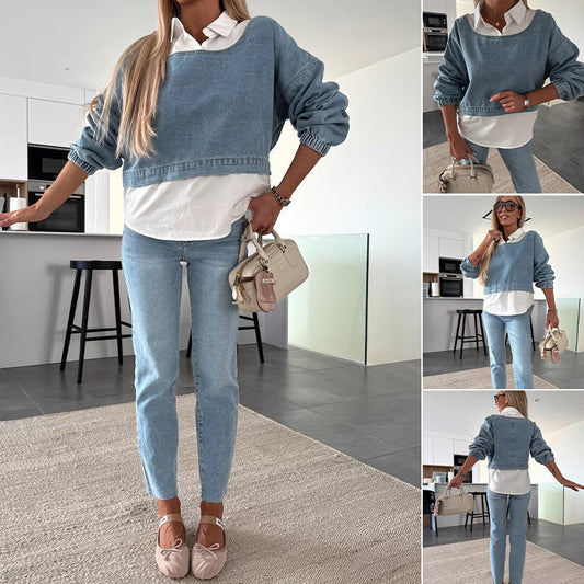 🔥Fri frakt🛫Dam Mode Långärmad Denim Topp & Byxor Tvådelat Set