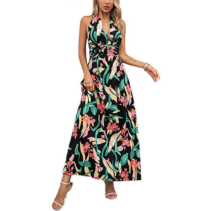 💐Boho Floral Strap V Neck Halterklänning för kvinnor✨