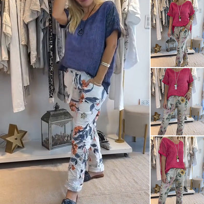 💐2-delad outfit för kvinnor - enfärgad blus och avslappnade byxor med blommigt tryck👚👖