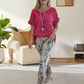 💐2-delad outfit för kvinnor - enfärgad blus och avslappnade byxor med blommigt tryck👚👖