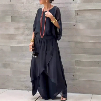 Lös topp & byxor med vida ben Chiffon 2-delat set