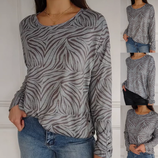 Långärmad topp med rund hals och tryck för kvinnor