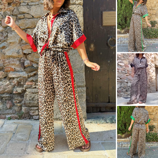 🌸Spring Hot Sale 49% rabatt💐 Kvinnors 2-delade Leopard Print Outfit Button-Down-skjorta och bredbensbyxor