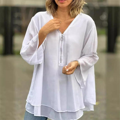 👚 50% RABATT! ✨ Avslappnad Chiffongblus – V-ringad, 3/4-ärm & Metalldragkedja, Mjuk & Ledig Stil 🌸