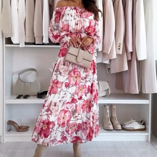 💖Floral Print Off-Shoulder Top & Maxi Skirt Tvådelat Set
