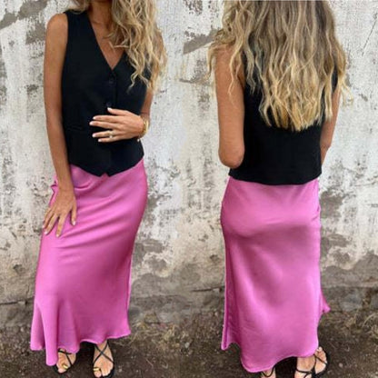 Lyxig, glansig, enfärgad kjol för kvinnor