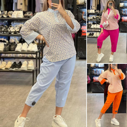 Dammode Tryckt topp & avslappnade byxor med hög midja och ankel