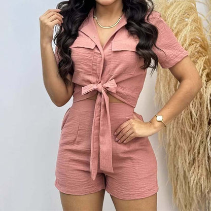 Tie Lapel Pocket Short Shirt Top och Shorts Bomull och linne Tvådelat set