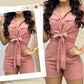Tie Lapel Pocket Short Shirt Top och Shorts Bomull och linne Tvådelat set