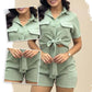 Tie Lapel Pocket Short Shirt Top och Shorts Bomull och linne Tvådelat set