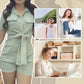 Tie Lapel Pocket Short Shirt Top och Shorts Bomull och linne Tvådelat set