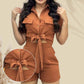 Tie Lapel Pocket Short Shirt Top och Shorts Bomull och linne Tvådelat set