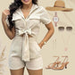 Tie Lapel Pocket Short Shirt Top och Shorts Bomull och linne Tvådelat set