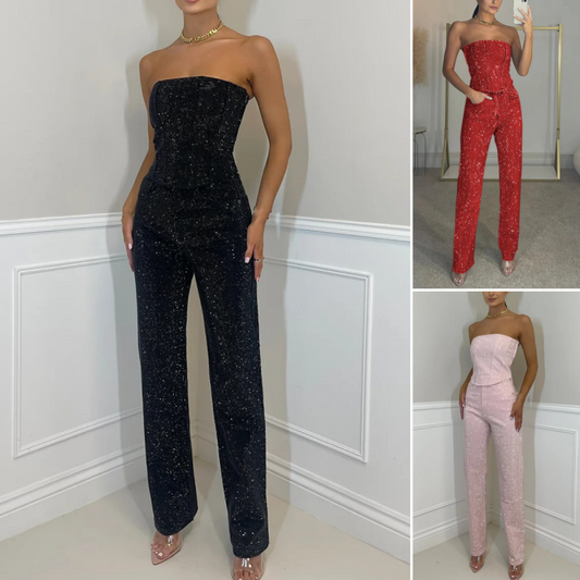 ✨2-delat set med topp och byxor i glitter för kvinnor