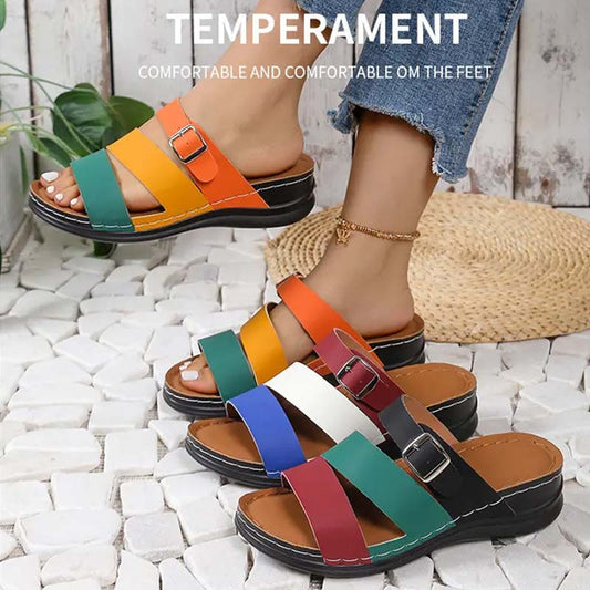 Colorblocking Slope Heel Thick Bottom Sandal Tofflor för kvinnor