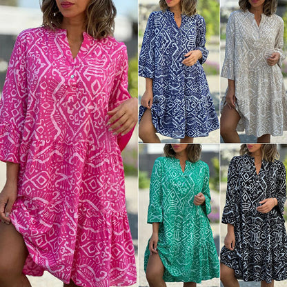 🌺 Het försäljning 50% rabatt ⏳💐 Avslappnad lös tryckt V-hals flödande klänning