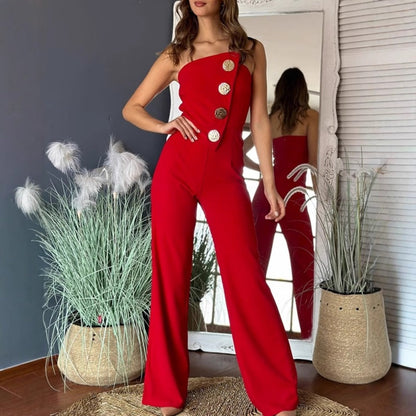 Ärmlös Jumpsuit med Knappdekoration och Vida Ben