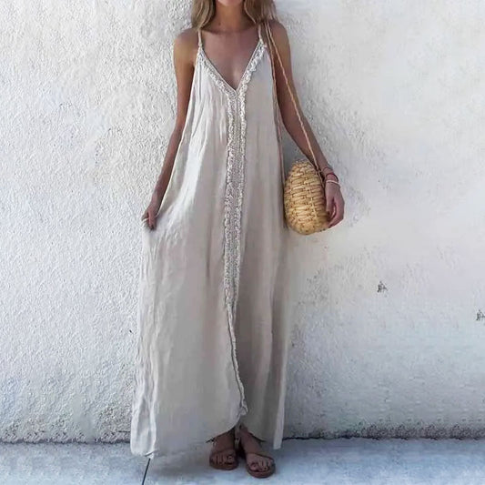 V-ringad maxiklänning med spaghettiband för kvinnor