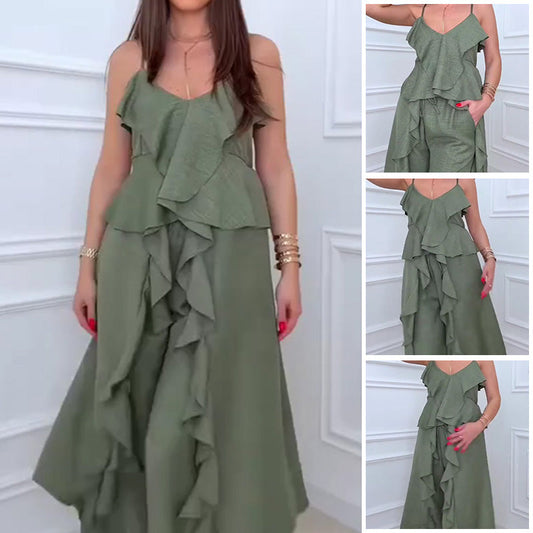 Dammode Ruffle Hem Spaghetti Top Drawstring Wide Leg Pants Set