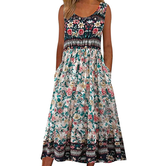🌸 Crushed Floral Tryckt breda band Halter Pocket Klänning i bomull