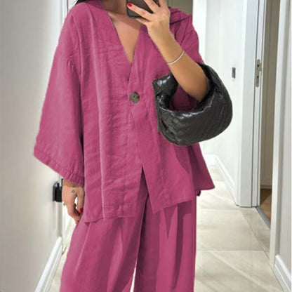 Tvådelat Enfärgat Set för Dam: Topp med V-ringning & Byxor med Vida Ben