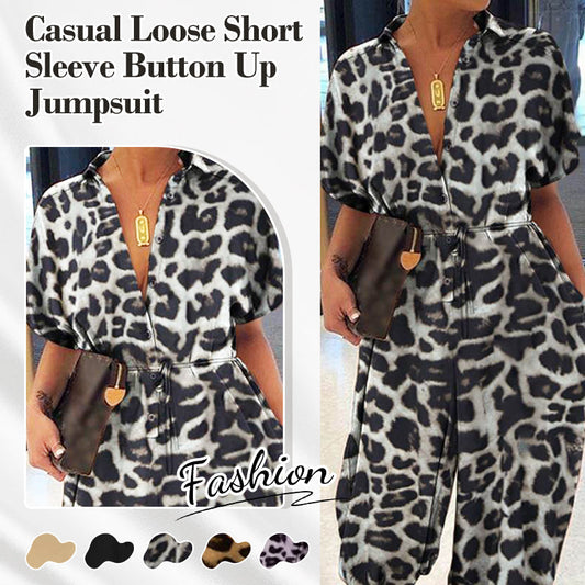 Kvinnors avslappnade lösa jumpsuit med kort ärm och knappar