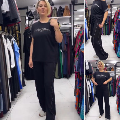 Loose Fit Off Shoulder T-Shirt & Byxor med vida ben Set