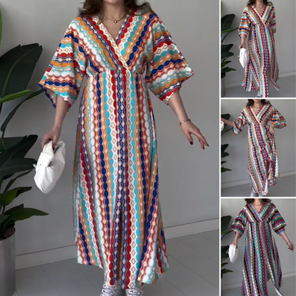 ⏰SISTDAY PROMOTION - 50%OFF💖Mångfärgad V-neck maxiklänning med tryck för kvinnor