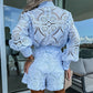 Casual Elegant Lace 2-delat set för kvinnor med knappskjorta och shorts