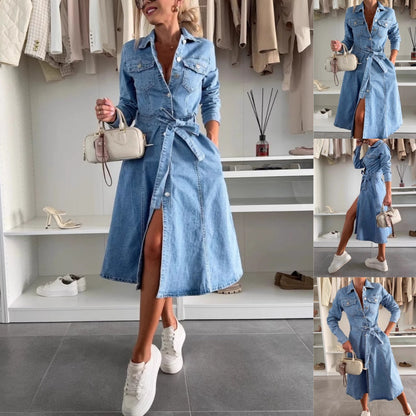 Långärmad denimklänning med knappar för kvinnor