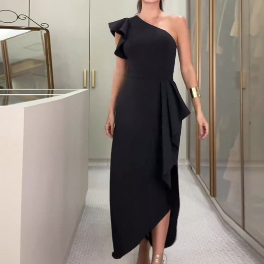 ⏰Begränsad tid Halva priset -50% rabatt 🔥Asymmetrisk enaxlad rufsig klänning med oregelbunden fåll och passform i midjan