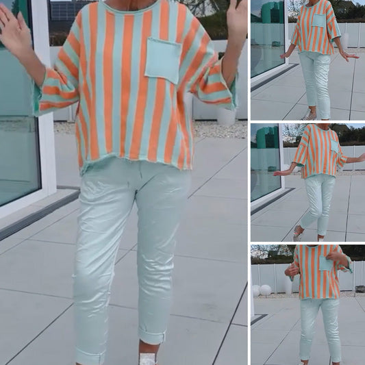 Colorblock randig topp & tighta byxor Set