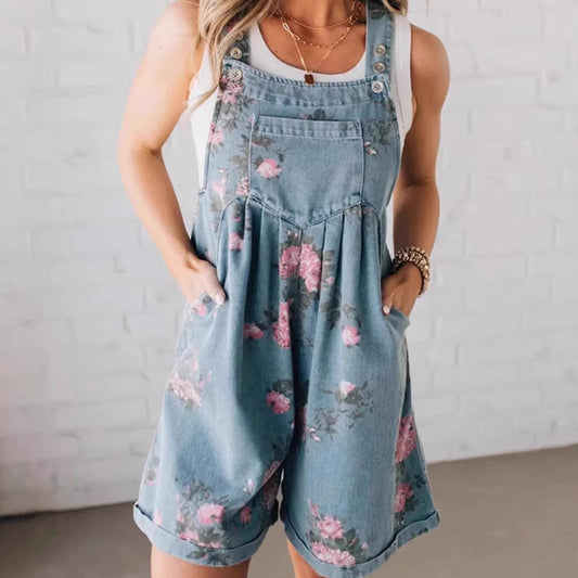 🌸 Vintage blommig tryckt denim jumpsuit