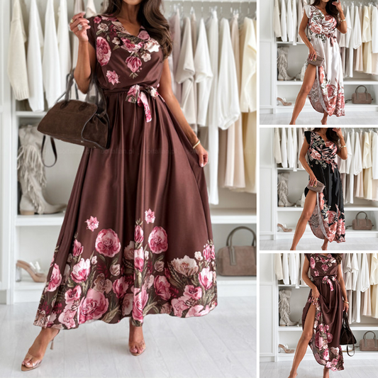 💃Elegant tryckt klänning med V-ringning för kvinnor