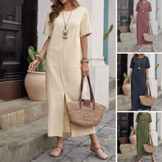 🌿✨Lösa klänningar med rund hals i bomull-linne