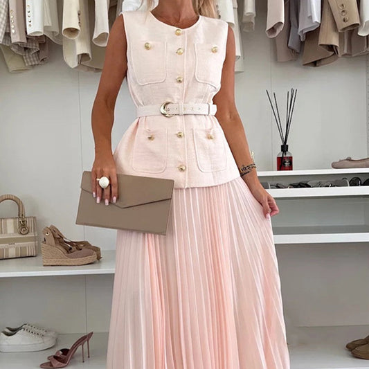 Elegant knappklädd ärmlös topp för kvinnor ＆ Plisserad kjol