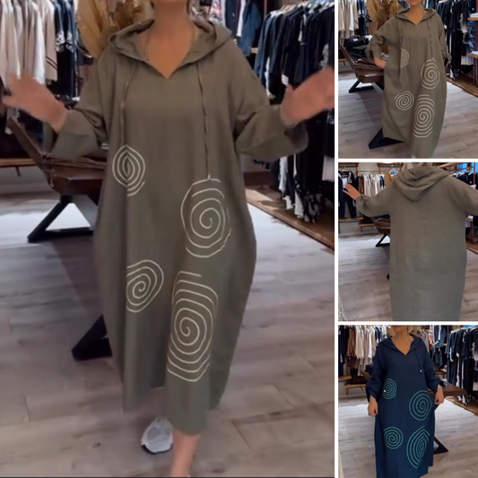 Löst sittande V-neckad klänning med huva för kvinnor