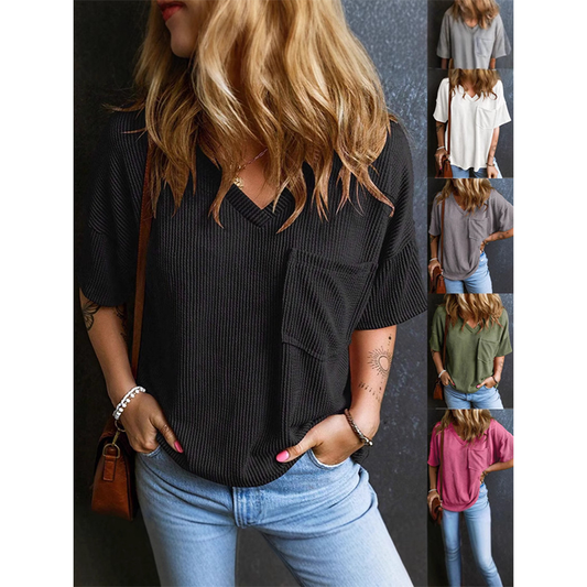 Vintage sommar V-hals kortärmad bomullstopp