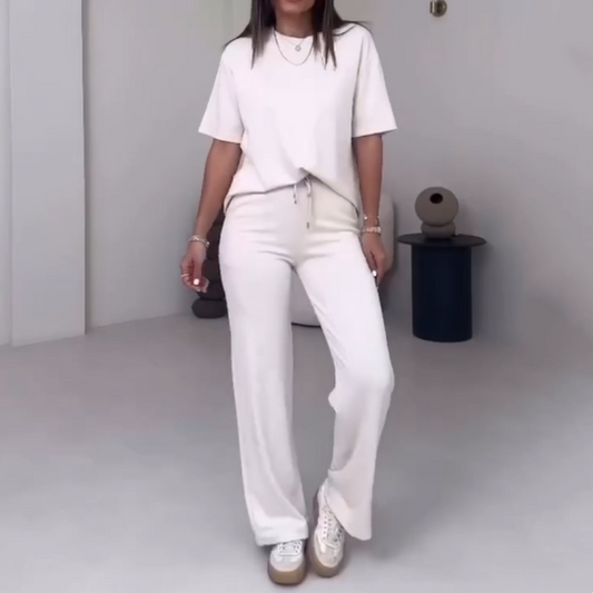 Slät damtopp med korta ärmar & byxor Tvådelat set