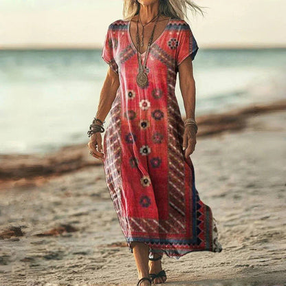 Kortärmad långklänning med tryckt V-nacke för kvinnor