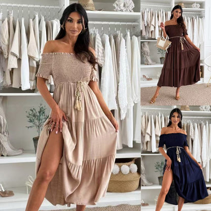 👗Kvinnors mode Off-Shoulder kortärmad långklänning🌺