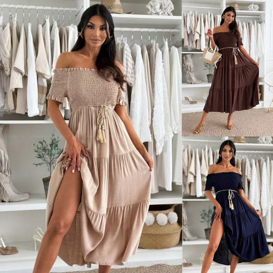 👗Kvinnors mode Off-Shoulder kortärmad långklänning🌺