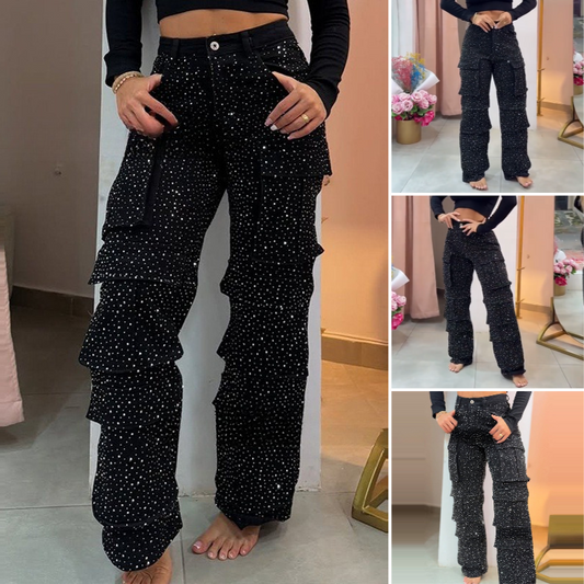💎Diamantbesatta Dam Wideleg Byxor med Fickor | Ljus och Stil ✨