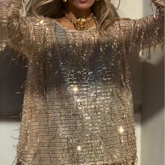💥Sequin 2-delat set med långärmad topp och shorts