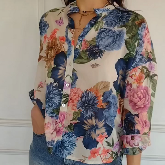 V-ringad blus med blommigt tryck för kvinnor