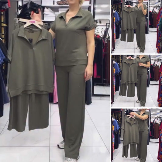 Casual set med kortärmad topp och byxor för kvinnor