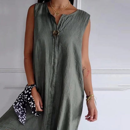☁️  Bekväm och andningsbar V-ringad ärmlös klänning i bomullslinne 🌸🌴