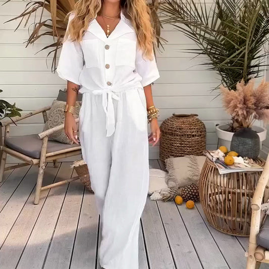 🌸50% rabatt på nya produkter💖2-delat damset bestående av en enfärgad, lös kortärmad skjorta och vida byxor