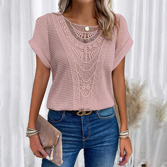 ✨50% OFF✨Kortärmade toppar med rund hals i fast virka för kvinnor